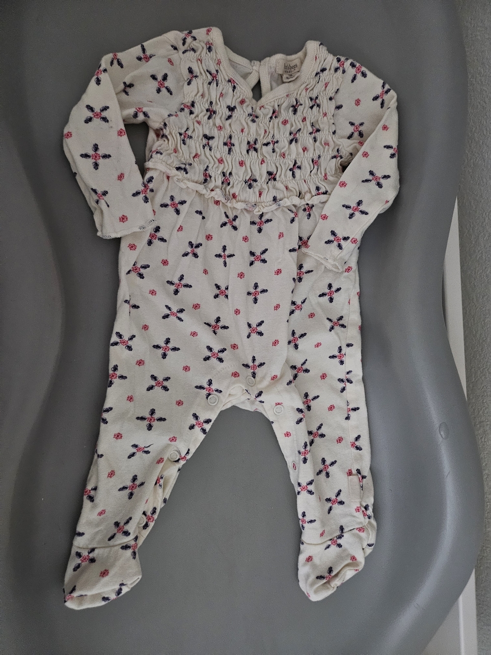 Burt's Bees Cream Smocked Footed One-Piece with Navy & Pink Floral